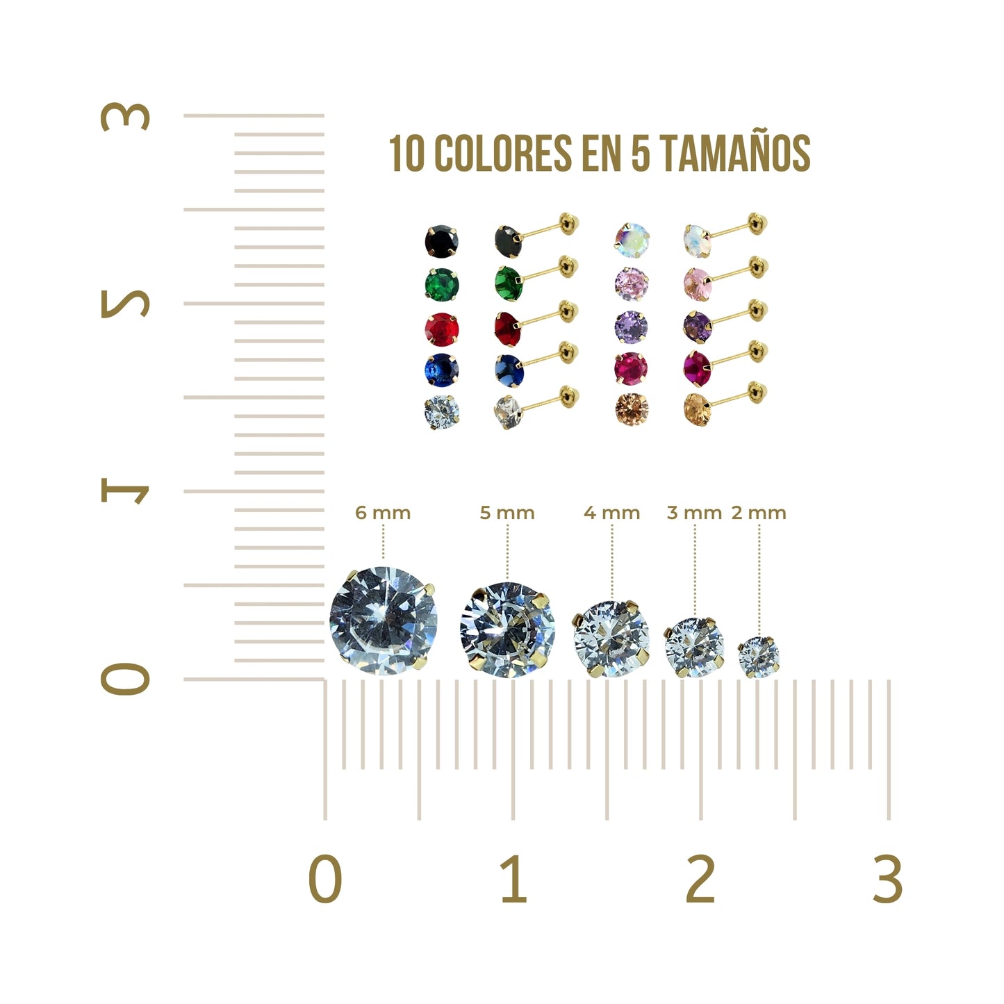 Aretes Zirconia de 3 mm, Tipo Broquel, Color a Elegir