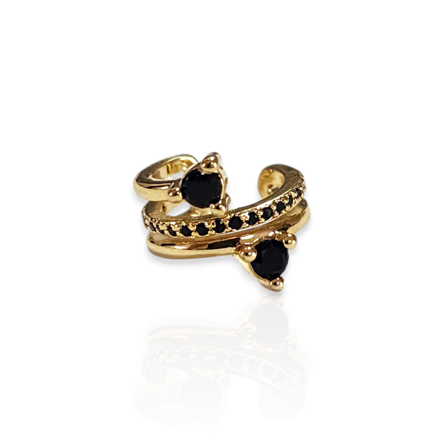Ear Cuff Dos Zirconias y Línea de Zirconias Color Negro, Chapa de Oro