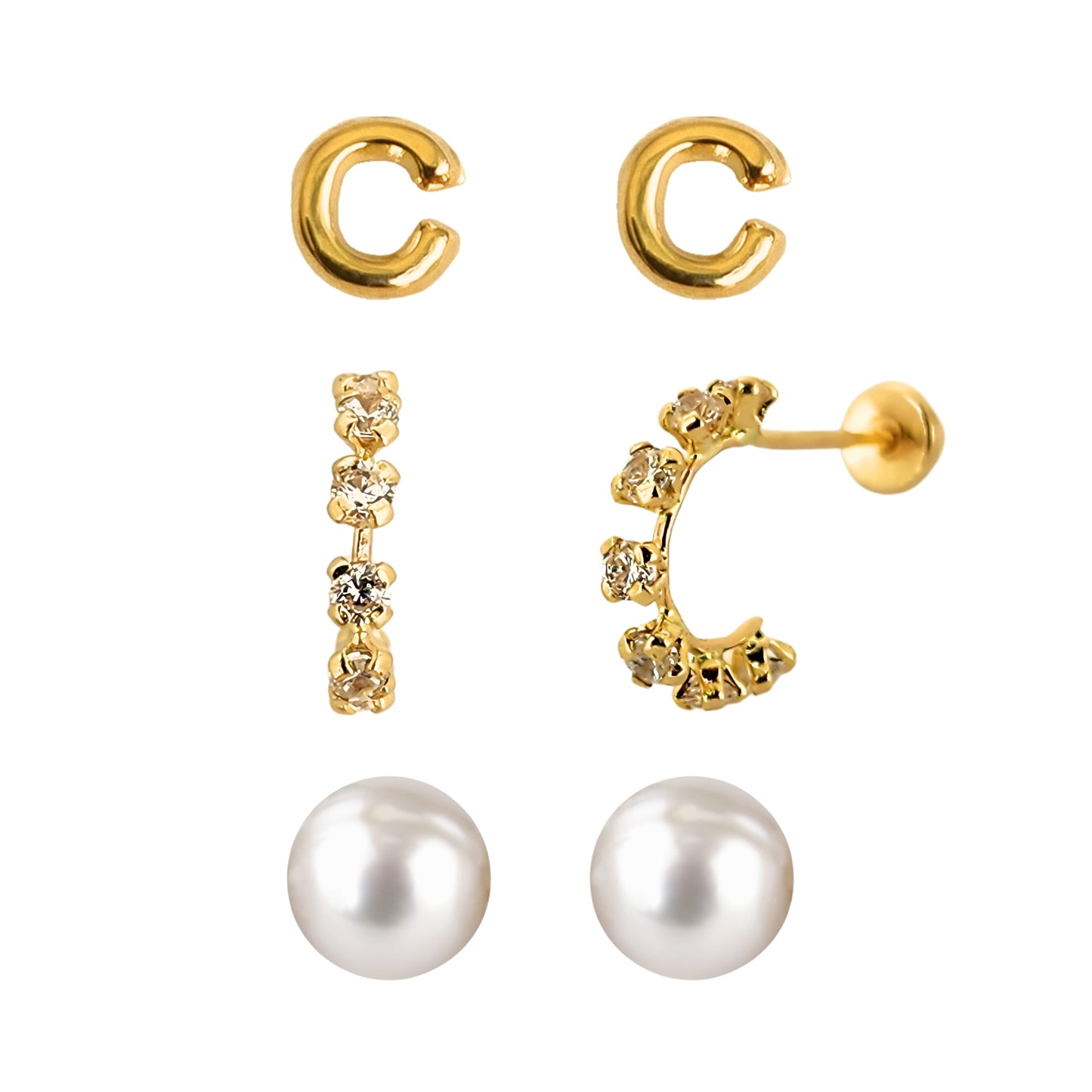 Set de aretes en Oro 10k Perla, Huggie con Zirconias e Inicial Letra Lisa a Elegir