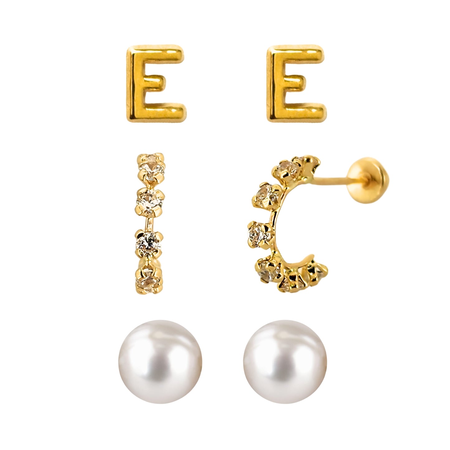 Set de aretes en Oro 10k Perla, Huggie con Zirconias e Inicial Letra Lisa a Elegir