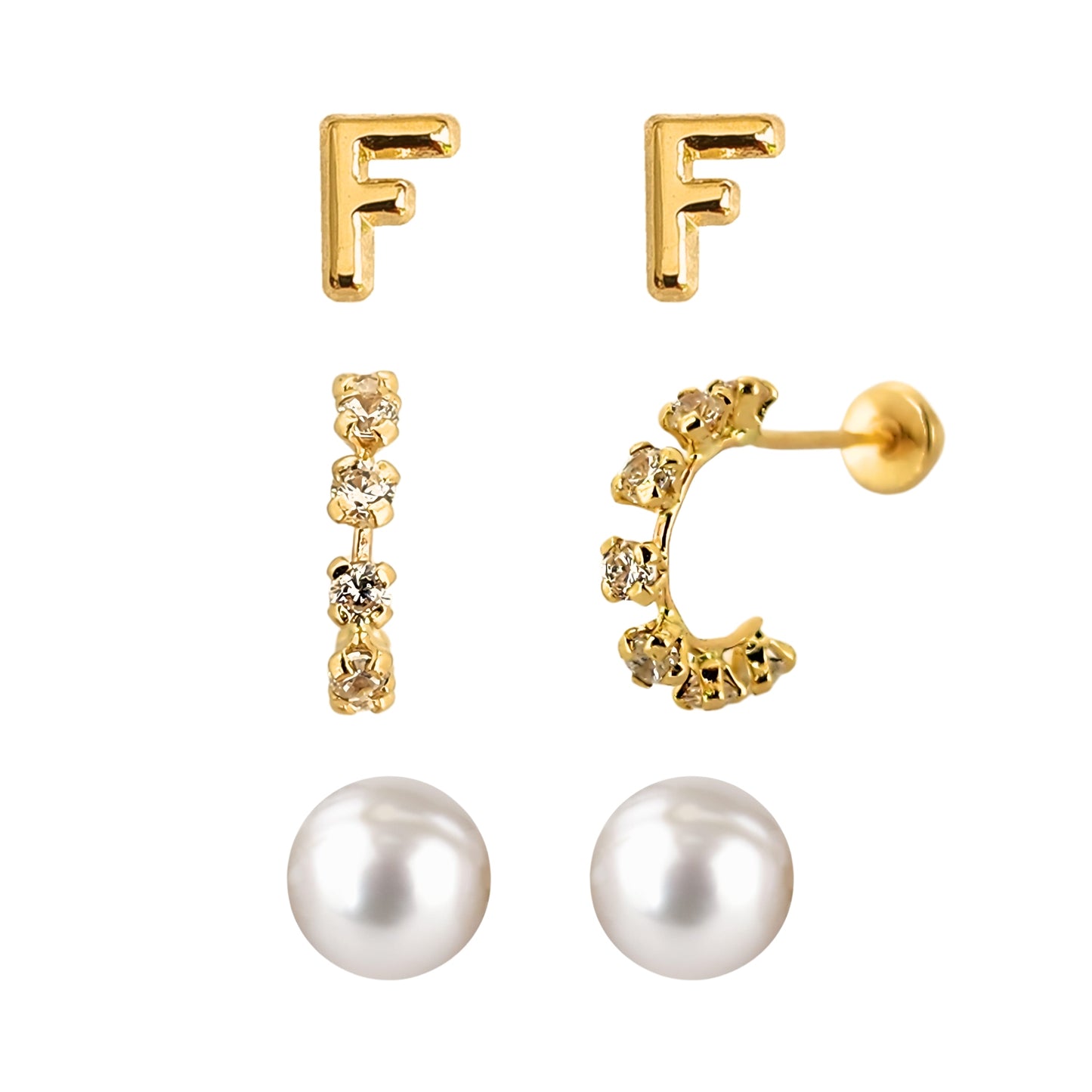 Set de aretes en Oro 10k Perla, Huggie con Zirconias e Inicial Letra Lisa a Elegir