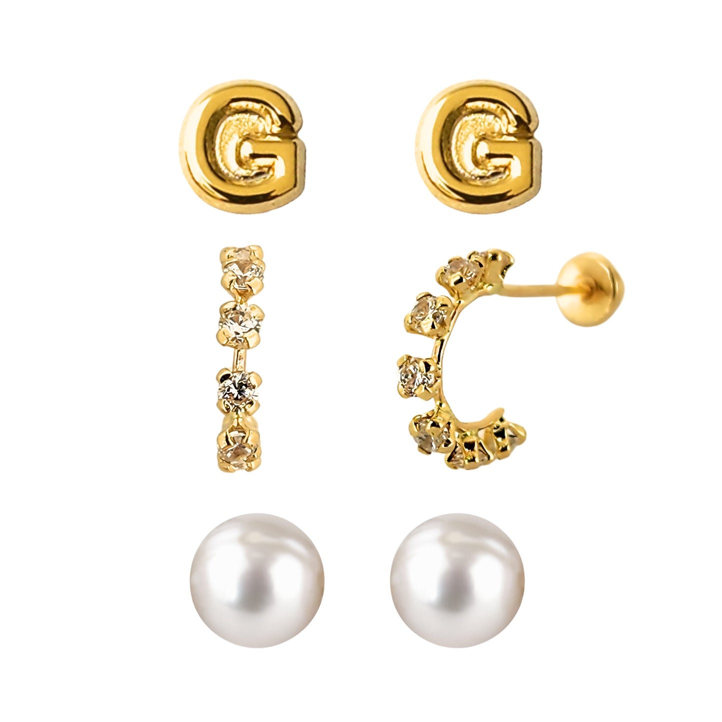 Set de aretes en Oro 10k Perla, Huggie con Zirconias e Inicial Letra Lisa a Elegir
