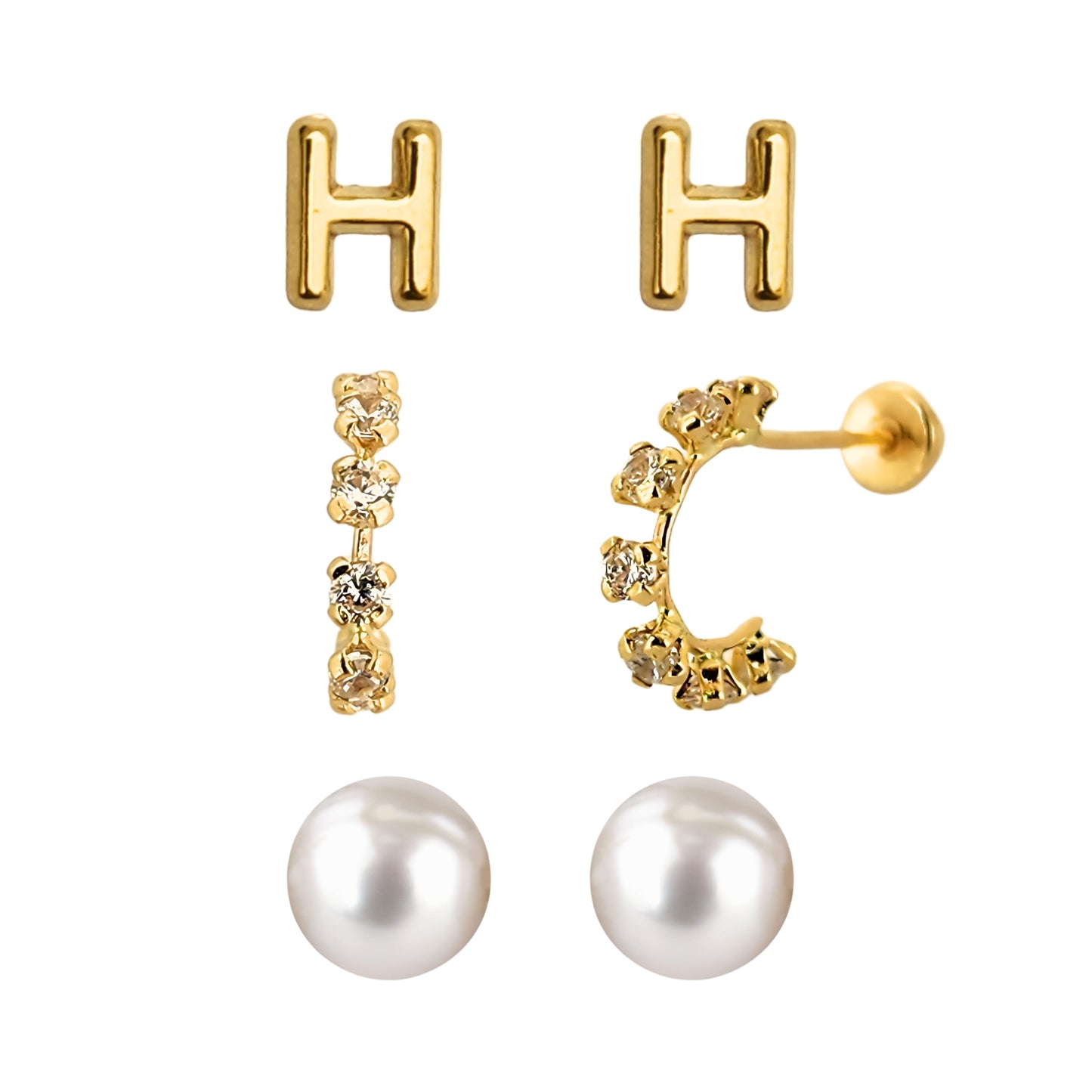 Set de aretes en Oro 10k Perla, Huggie con Zirconias e Inicial Letra Lisa a Elegir