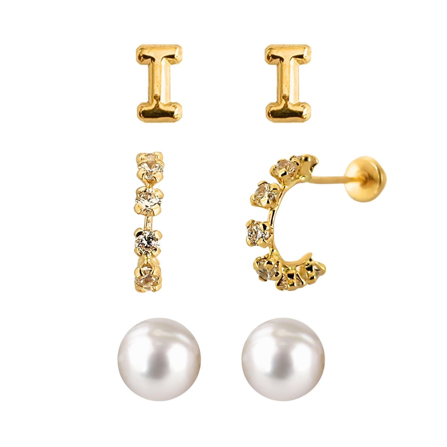 Set de aretes en Oro 10k Perla, Huggie con Zirconias e Inicial Letra Lisa a Elegir