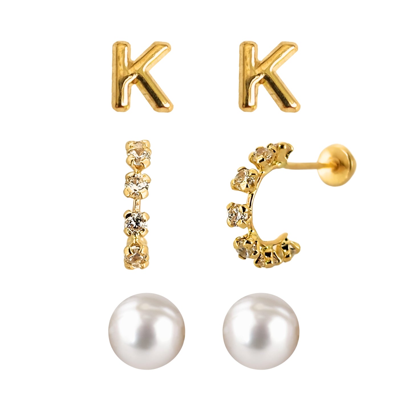 Set de aretes en Oro 10k Perla, Huggie con Zirconias e Inicial Letra Lisa a Elegir