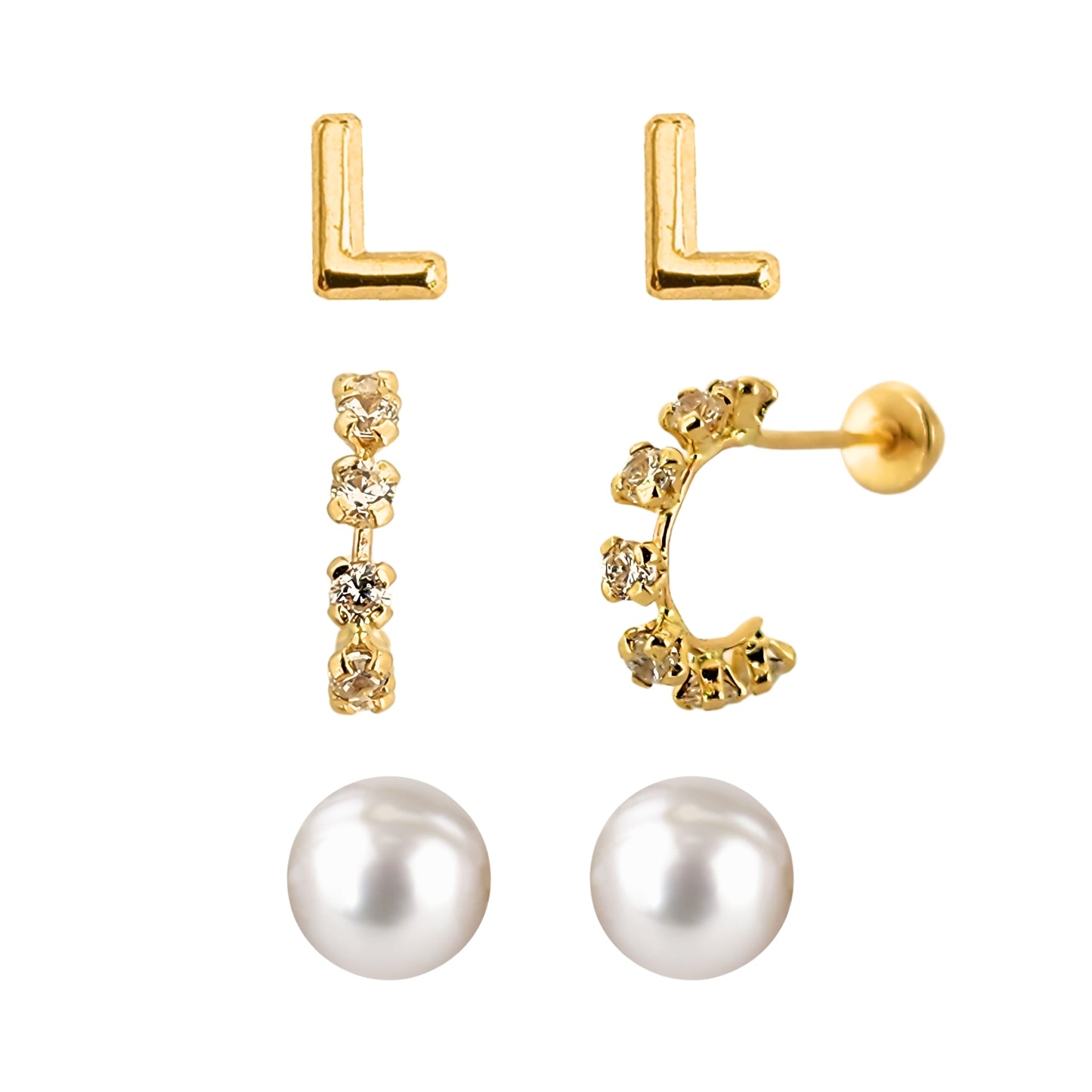 Set de aretes en Oro 10k Perla, Huggie con Zirconias e Inicial Letra Lisa a Elegir