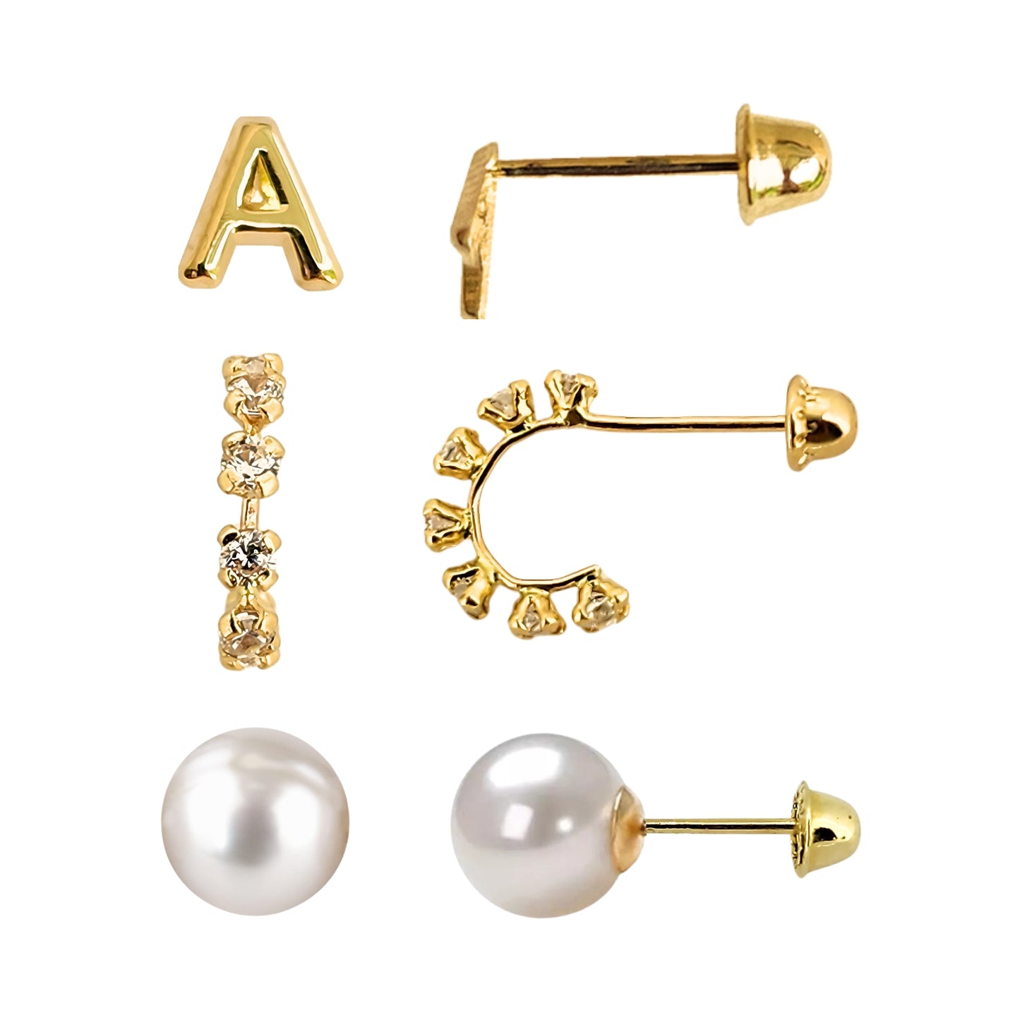 Set de aretes en Oro 10k Perla, Huggie con Zirconias e Inicial Letra Lisa a Elegir