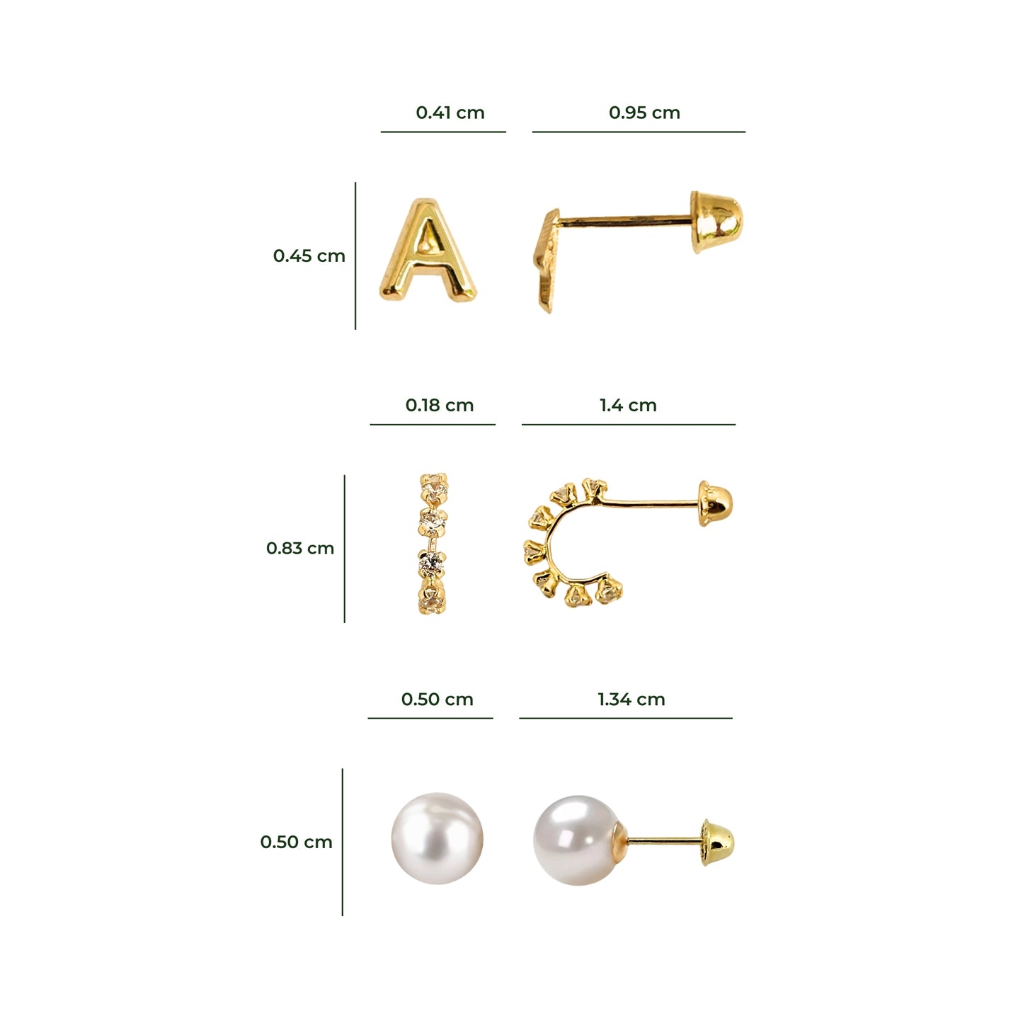 Set de aretes en Oro 10k Perla, Huggie con Zirconias e Inicial Letra Lisa a Elegir