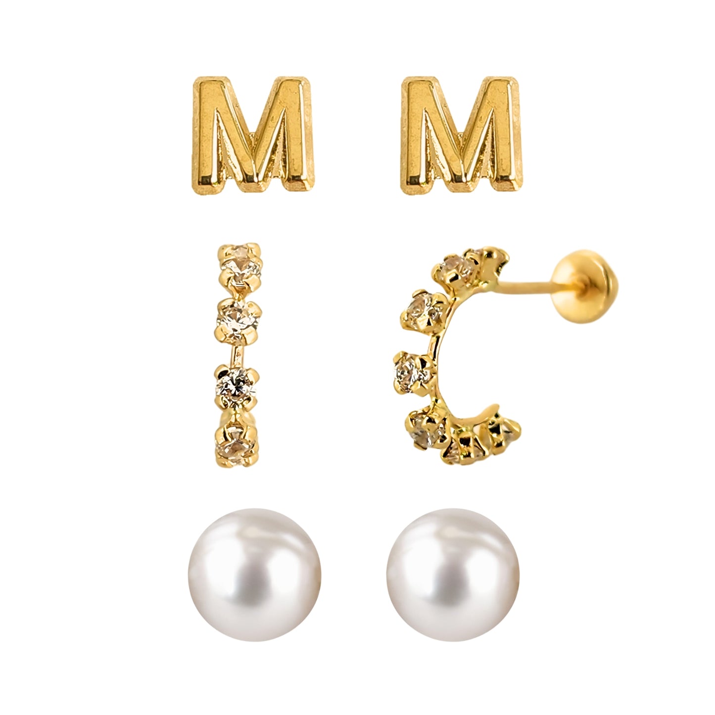 Set de aretes en Oro 10k Perla, Huggie con Zirconias e Inicial Letra Lisa a Elegir