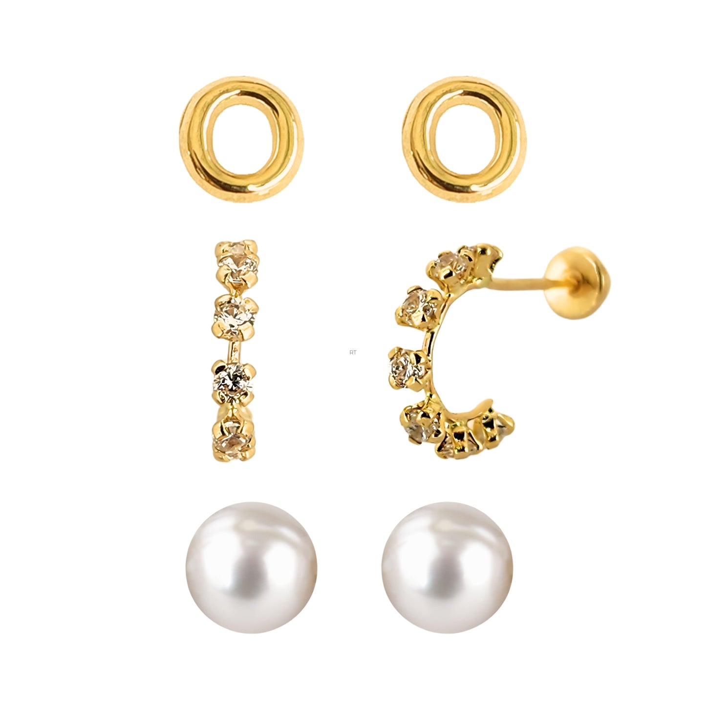 Set de aretes en Oro 10k Perla, Huggie con Zirconias e Inicial Letra Lisa a Elegir