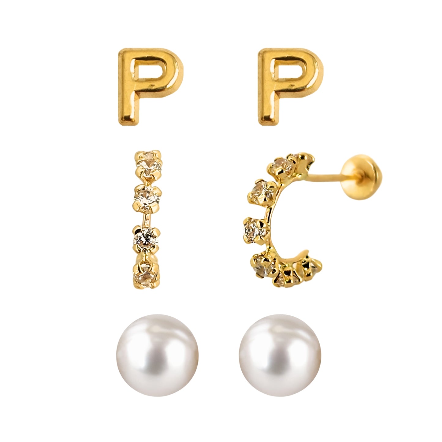 Set de aretes en Oro 10k Perla, Huggie con Zirconias e Inicial Letra Lisa a Elegir