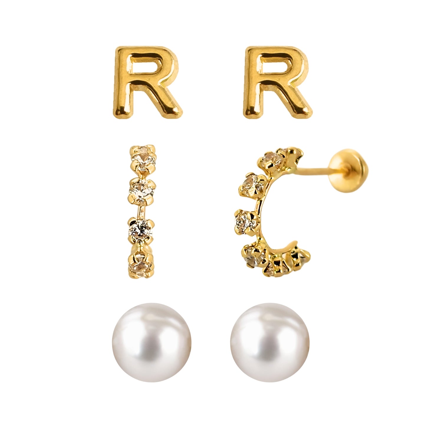 Set de aretes en Oro 10k Perla, Huggie con Zirconias e Inicial Letra Lisa a Elegir