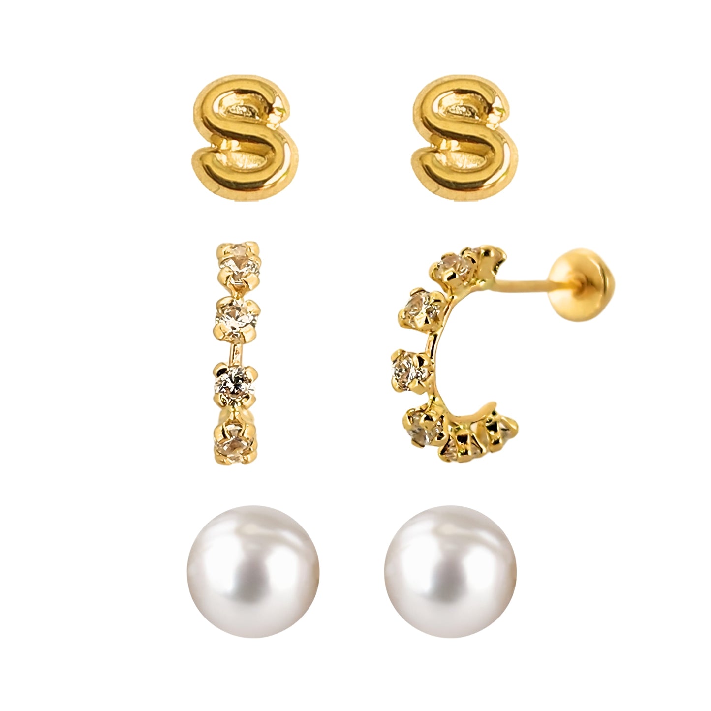 Set de aretes en Oro 10k Perla, Huggie con Zirconias e Inicial Letra Lisa a Elegir