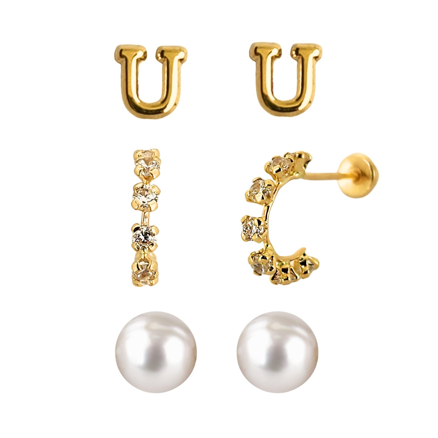 Set de aretes en Oro 10k Perla, Huggie con Zirconias e Inicial Letra Lisa a Elegir