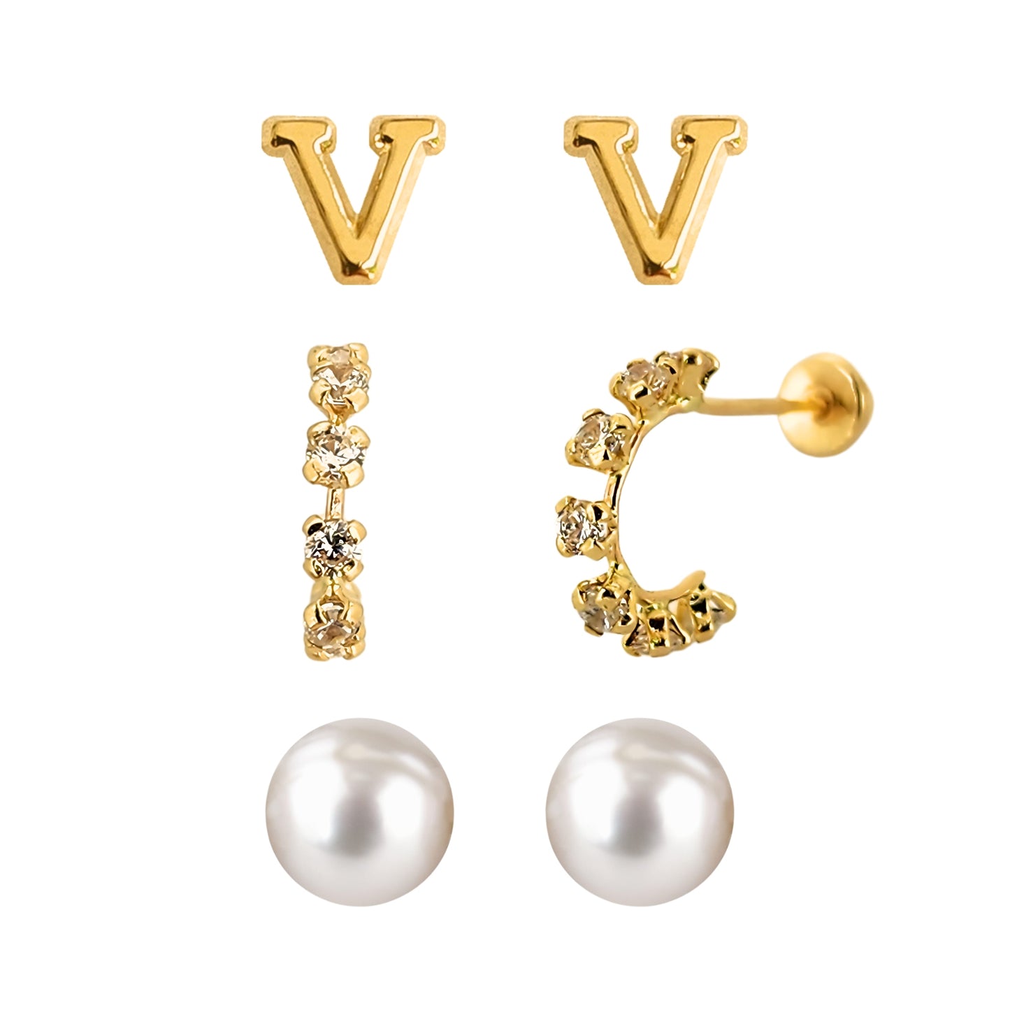 Set de aretes en Oro 10k Perla, Huggie con Zirconias e Inicial Letra Lisa a Elegir