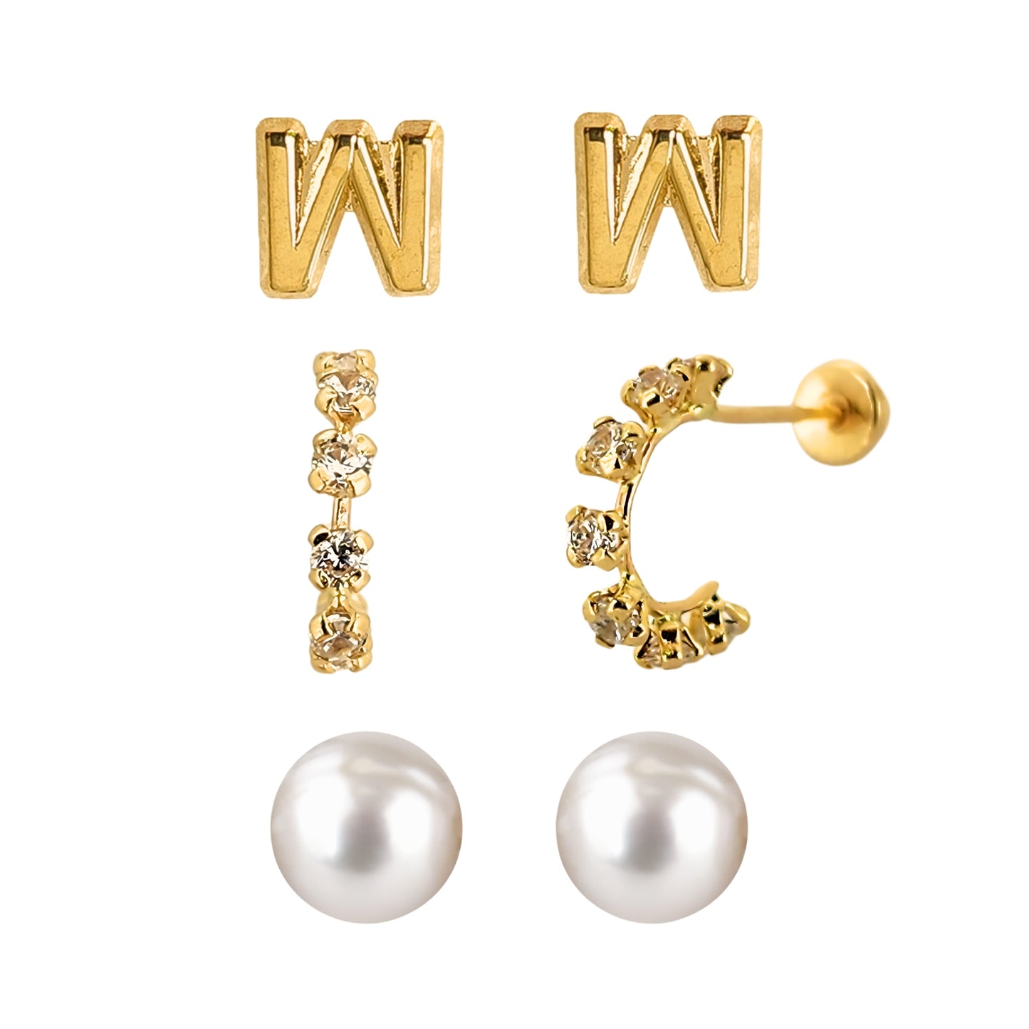 Set de aretes en Oro 10k Perla, Huggie con Zirconias e Inicial Letra Lisa a Elegir