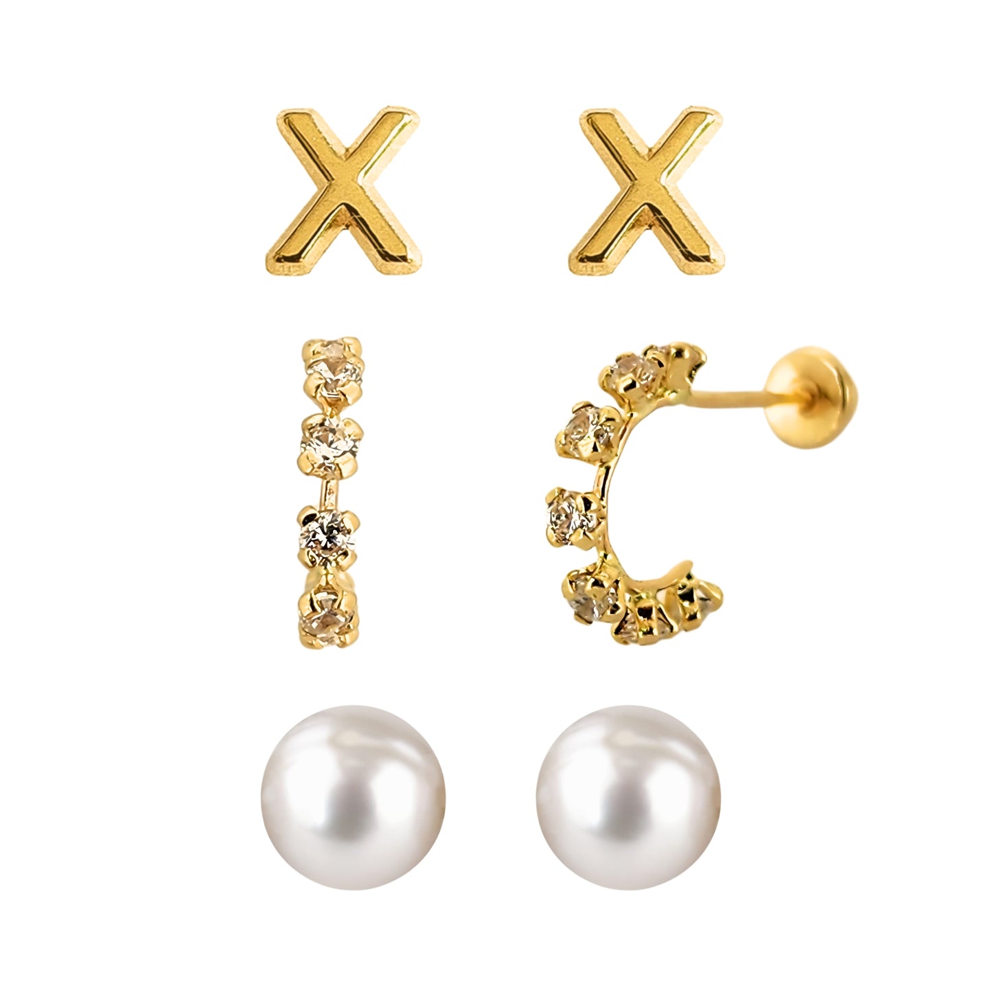 Set de aretes en Oro 10k Perla, Huggie con Zirconias e Inicial Letra Lisa a Elegir