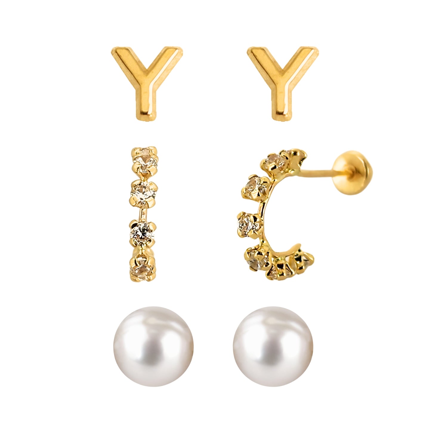 Set de aretes en Oro 10k Perla, Huggie con Zirconias e Inicial Letra Lisa a Elegir