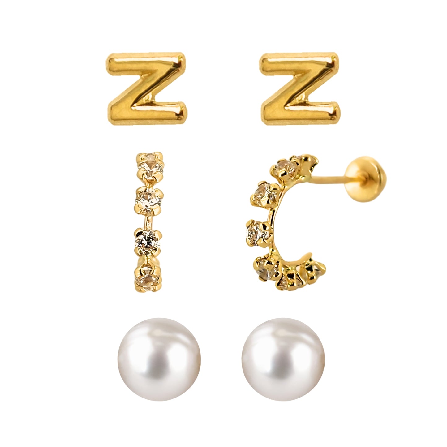 Set de aretes en Oro 10k Perla, Huggie con Zirconias e Inicial Letra Lisa a Elegir