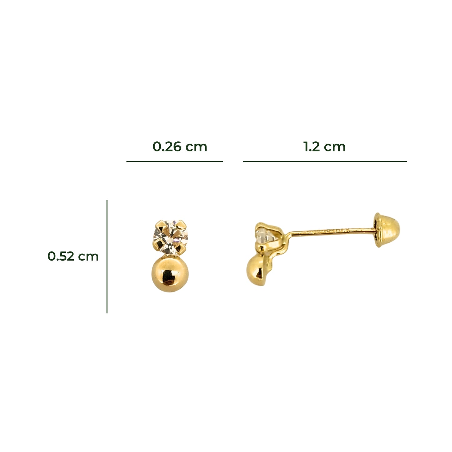 Aretes Zirconia y Bolita 4 o 2.5 mm a elegir Oro 10k, Tipo Broquel
