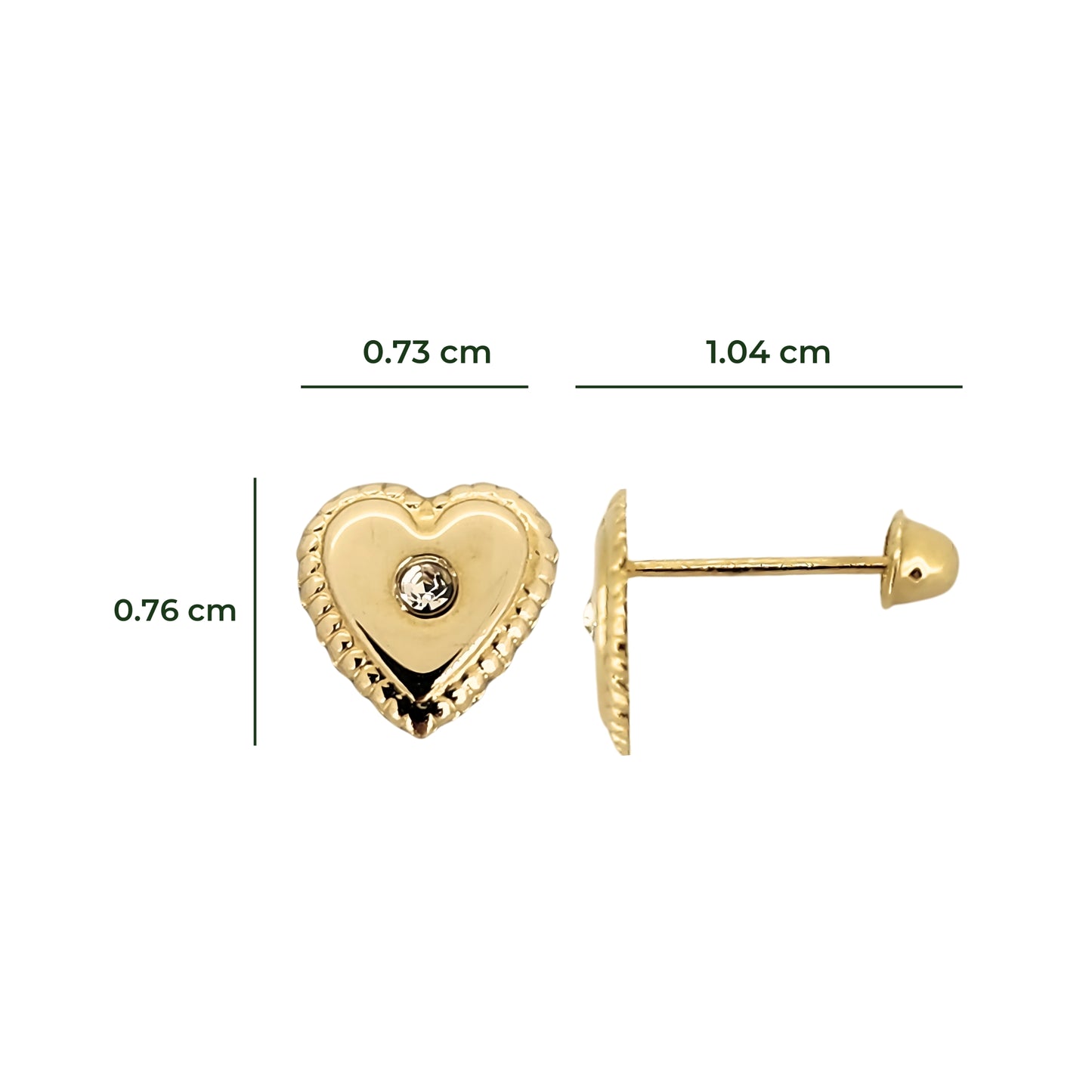 Aretes Corazón Bolitas Zirconia Oro 10k, Tipo Broquel