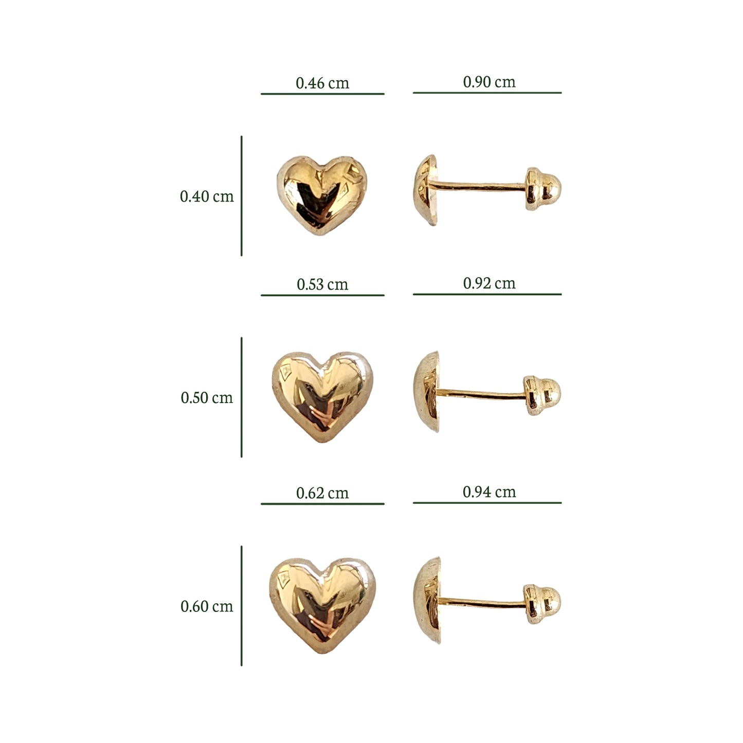 Arete Corazón Inflado Liso, Chico, Mediano o Grande, Oro 10K Tipo Broquel