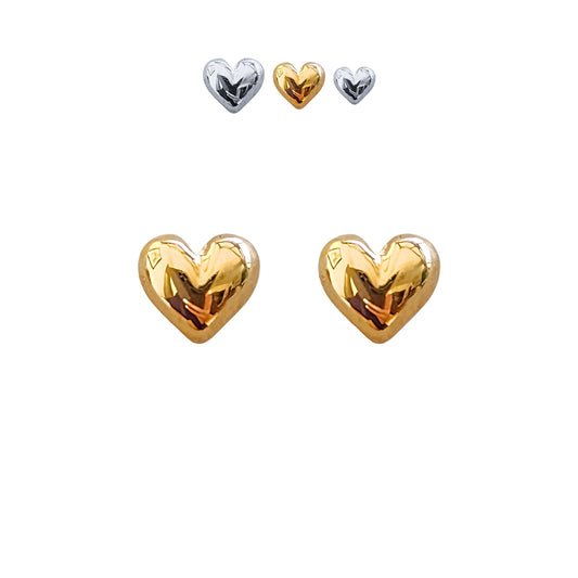 Arete Corazón Inflado Liso, Chico, Mediano o Grande, Oro 10K Tipo Broquel
