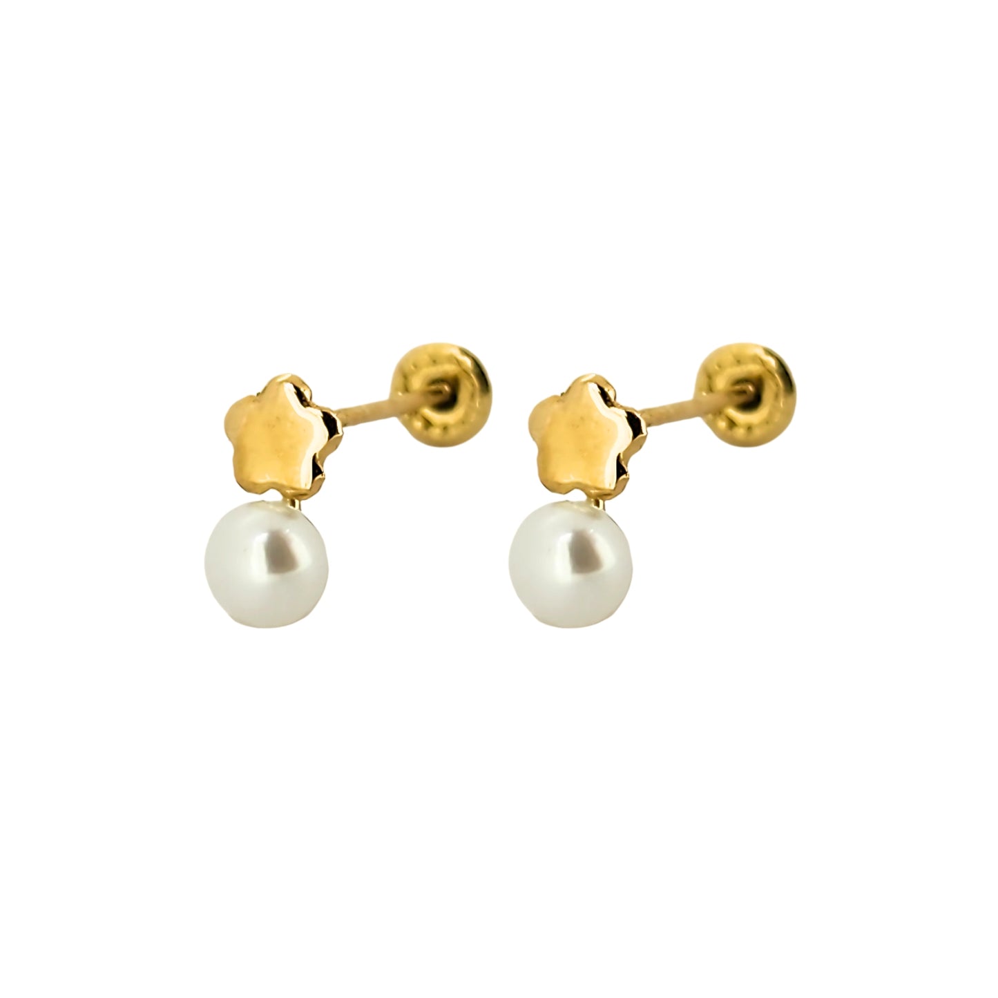 Aretes Flor Botón y Perla Oro 10K Tipo Broquel