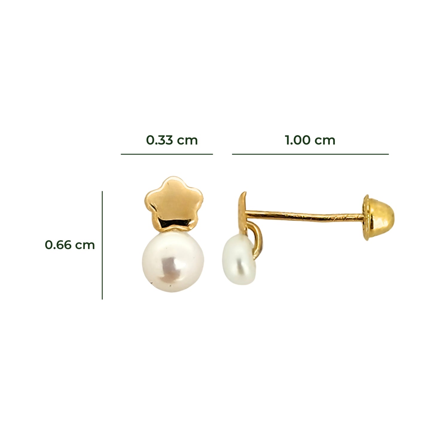 Aretes Flor Botón y Perla Oro 10K Tipo Broquel
