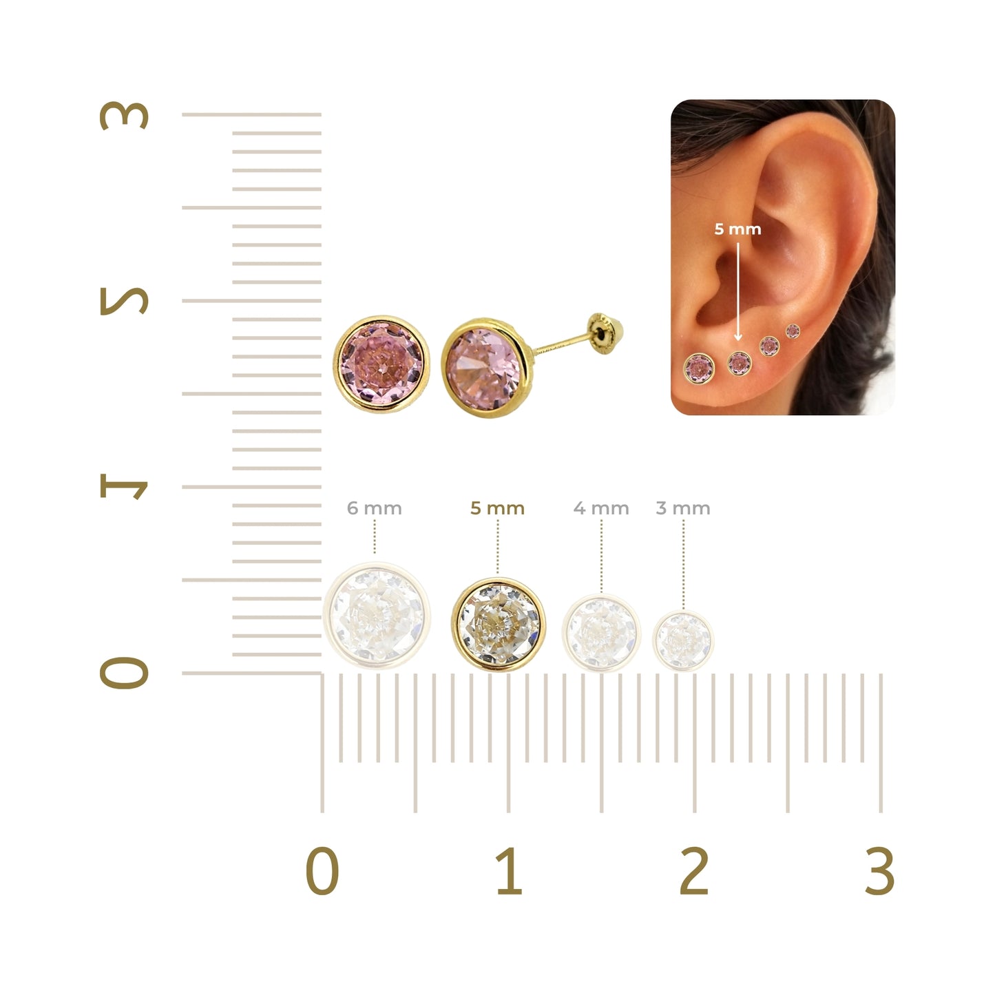 Aretes Oro 10K Broquel Zirconia Bisel 5 mm de Color a Elegir