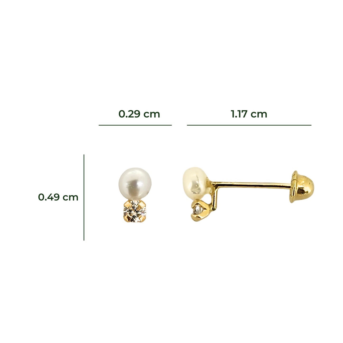 Aretes Zirconia y Perla 5 o 2.5 mm a elegir Oro 10k, Tipo Broquel