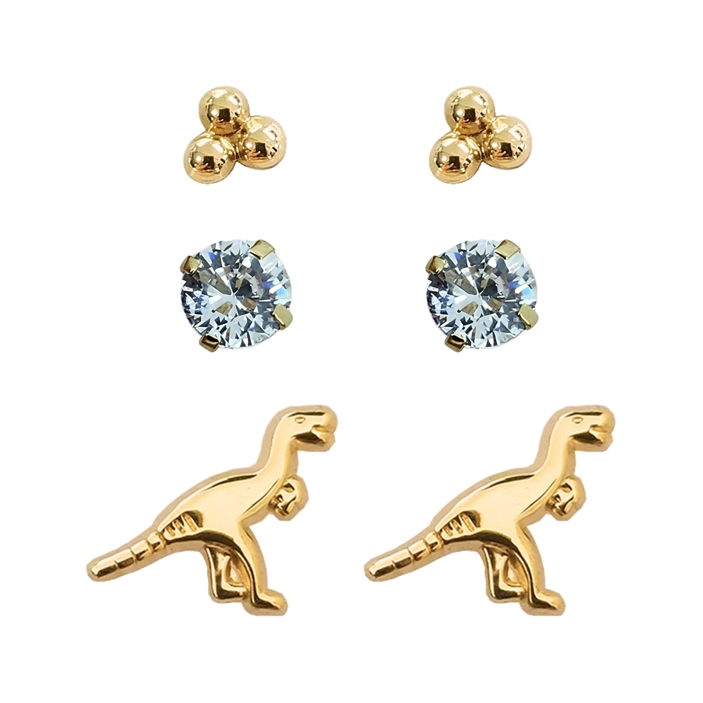 Set de Aretes Dinosaurios, Zirconia y Trebol, Tipo Broquel Oro 10K