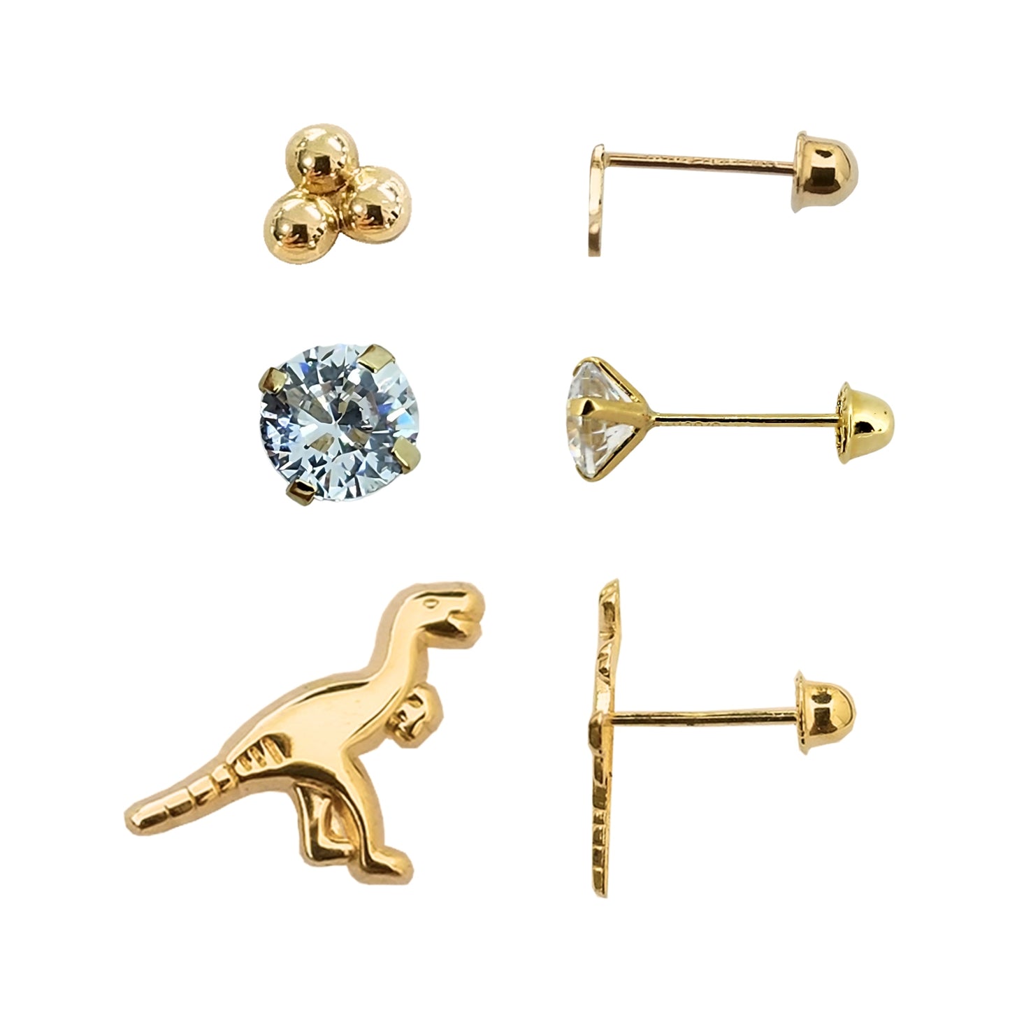Set de Aretes Dinosaurios, Zirconia y Trebol, Tipo Broquel Oro 10K