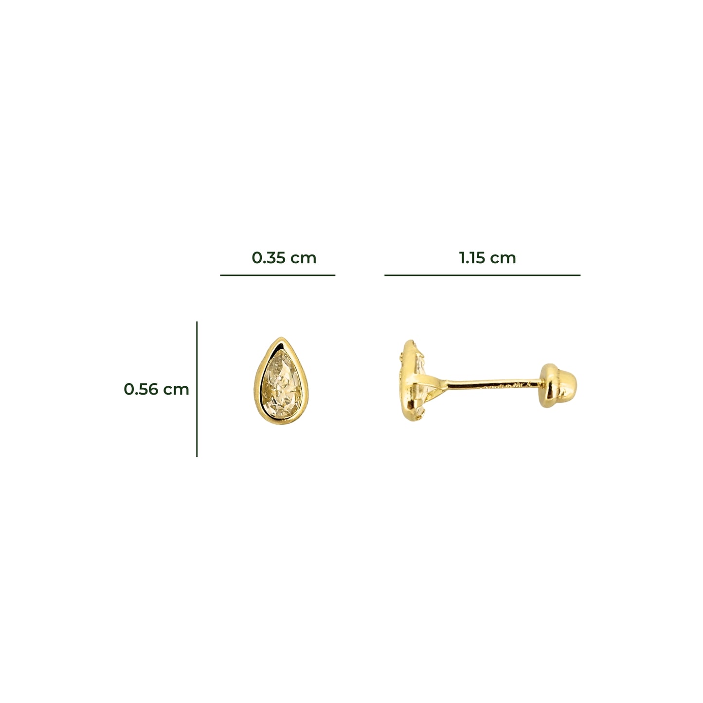 Aretes Bisel Gota Zirconia #6x4 o #5x3 Oro 10k, Tipo Broquel