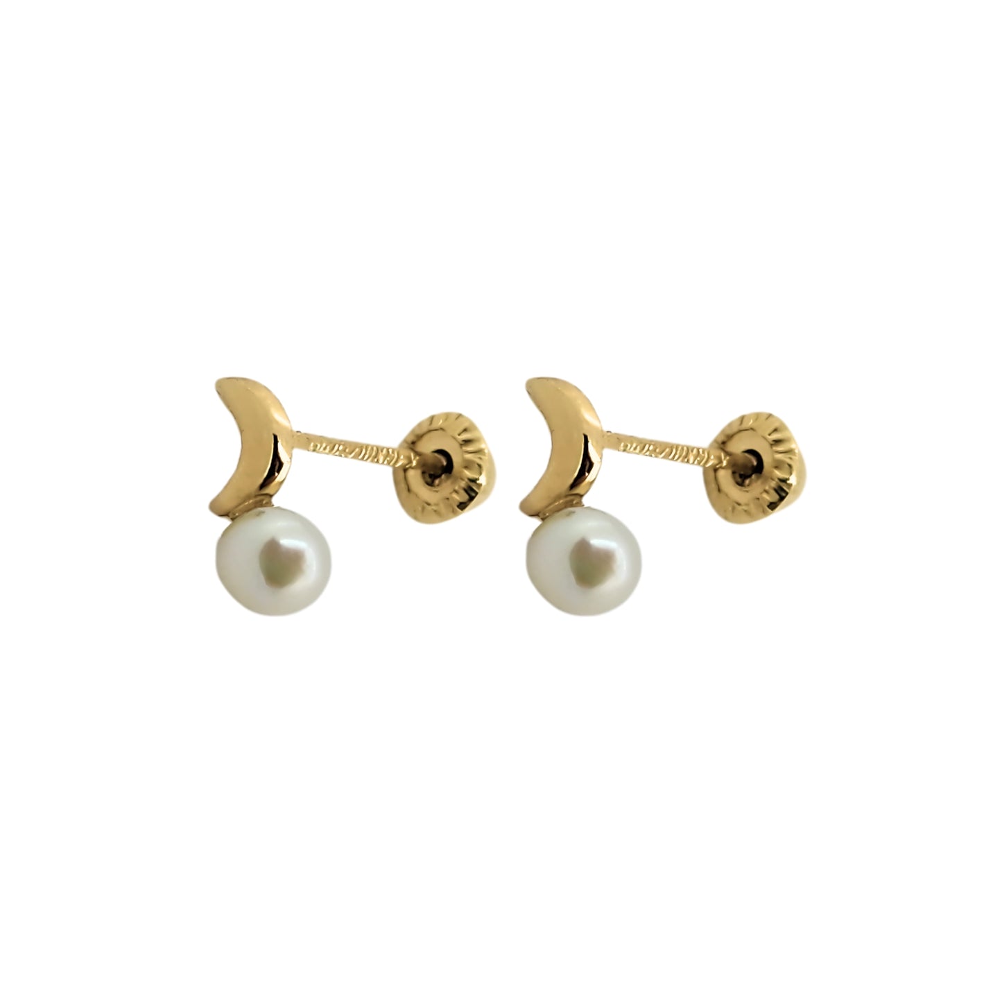 Aretes Luna Tapón con Perla, Tipo Broquel, Oro 10k