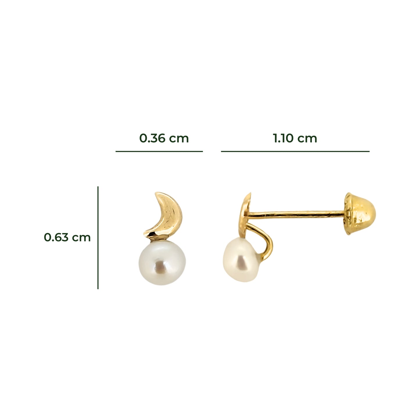 Aretes Luna Tapón con Perla, Tipo Broquel, Oro 10k