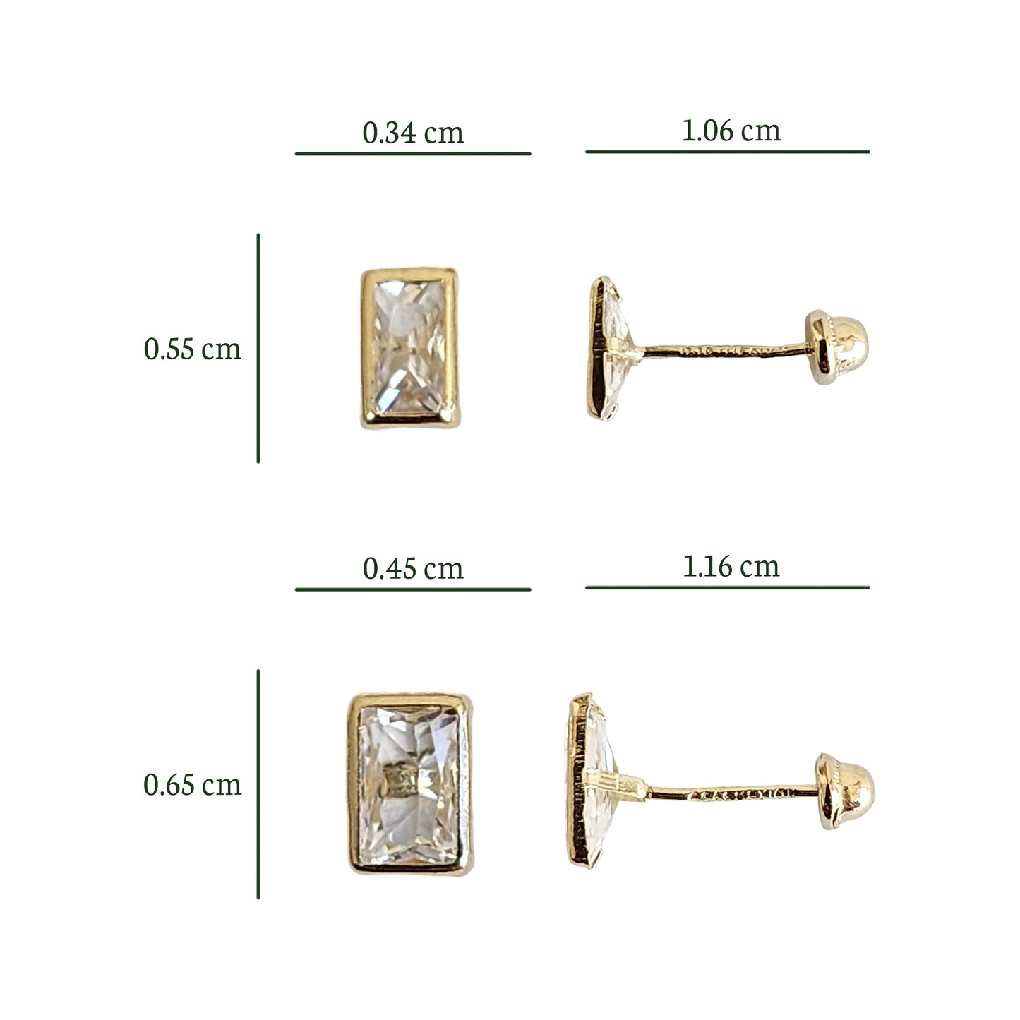 Aretes Bisel Octa Zirconia #3x5 o #4x6 Oro 10k, Tipo Broquel