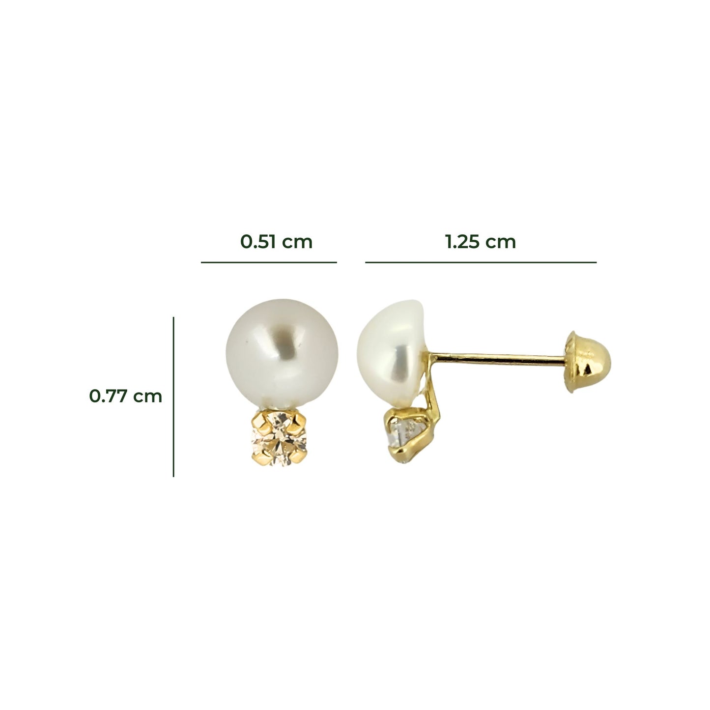 Aretes Zirconia y Perla 5 o 2.5 mm a elegir Oro 10k, Tipo Broquel