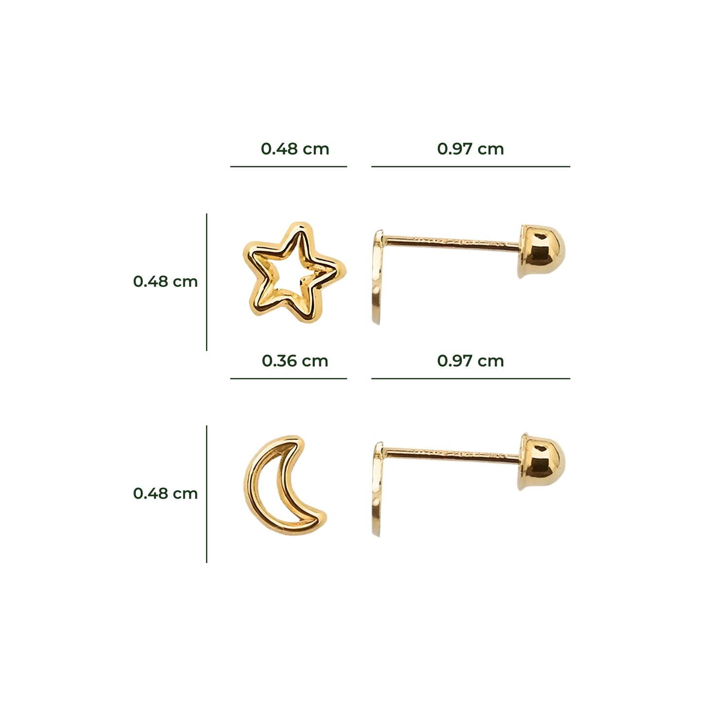 Aretes Luna y Estrella Silueta, Oro 10k