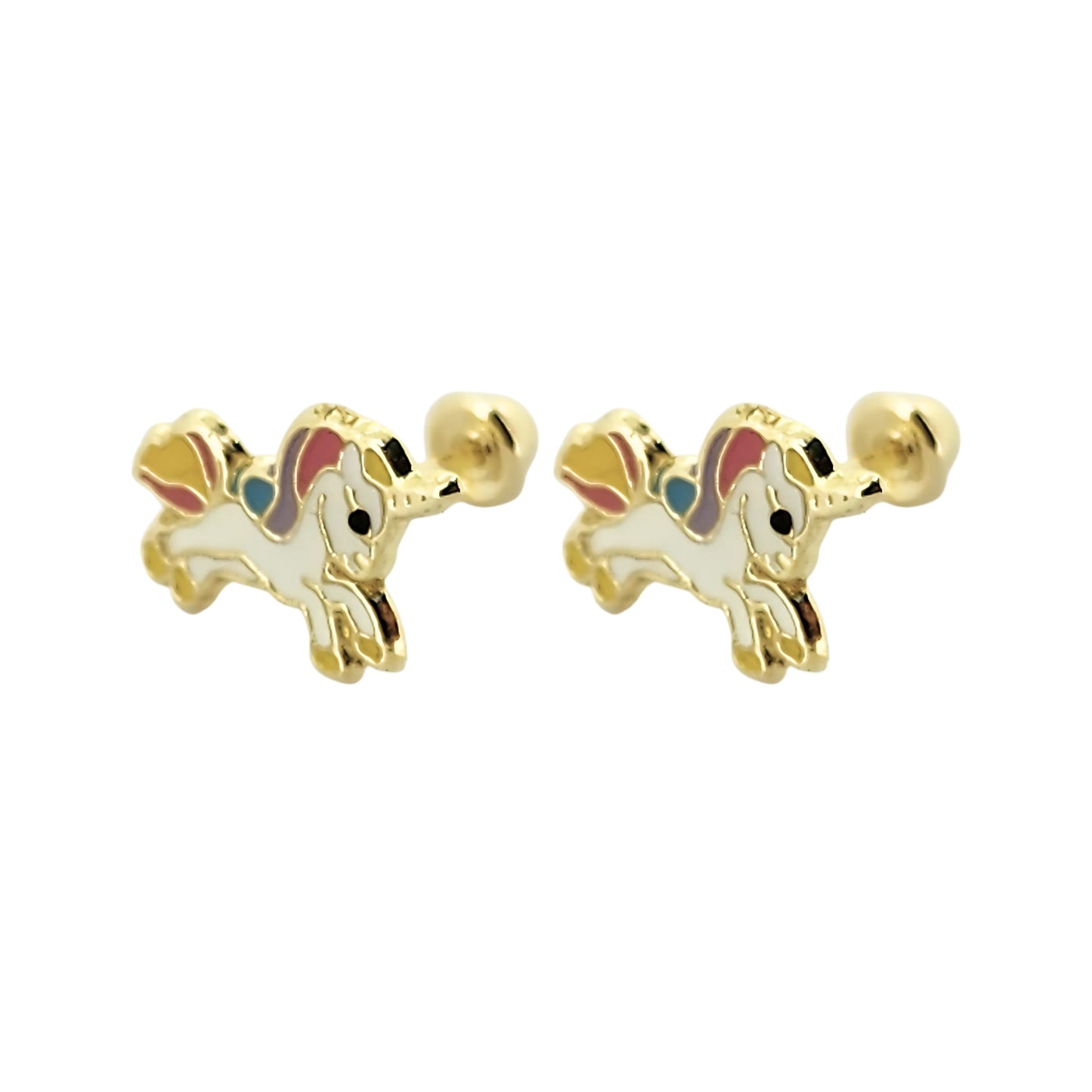Aretes Unicornio Completo Esmaltado, Oro 10K Tipo Broquel