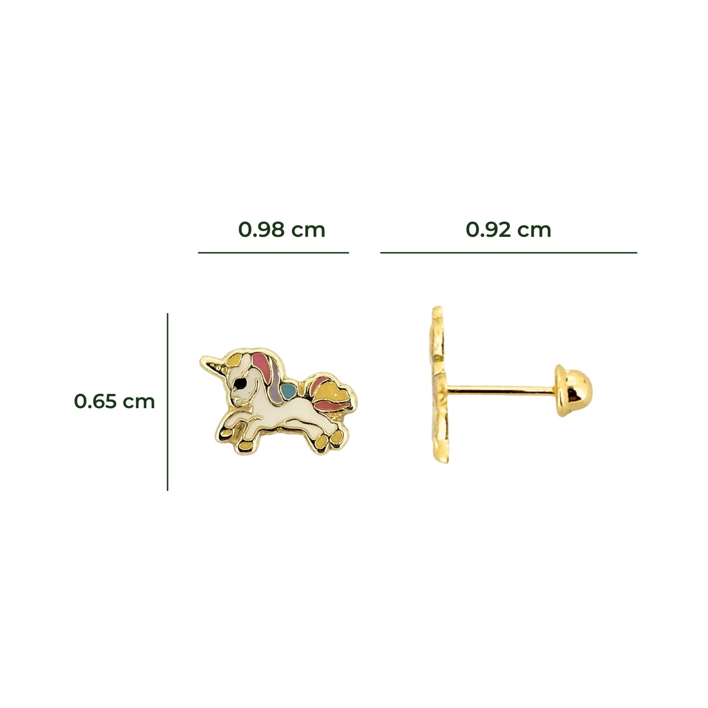 Aretes Unicornio Completo Esmaltado, Oro 10K Tipo Broquel