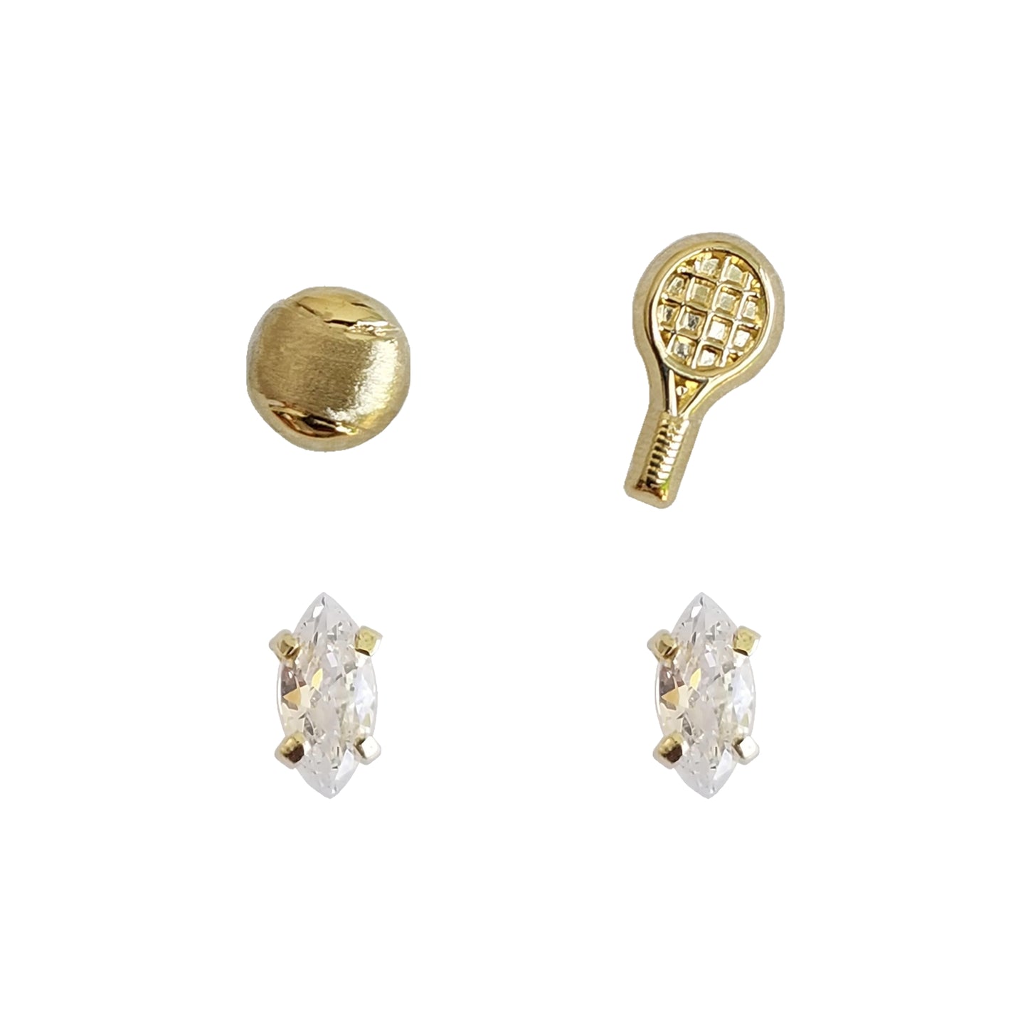 Set de Aretes de Oro 10K – Incluye Par Asimétrico de Tenis con Pelota y Par Simétrico de Zirconias