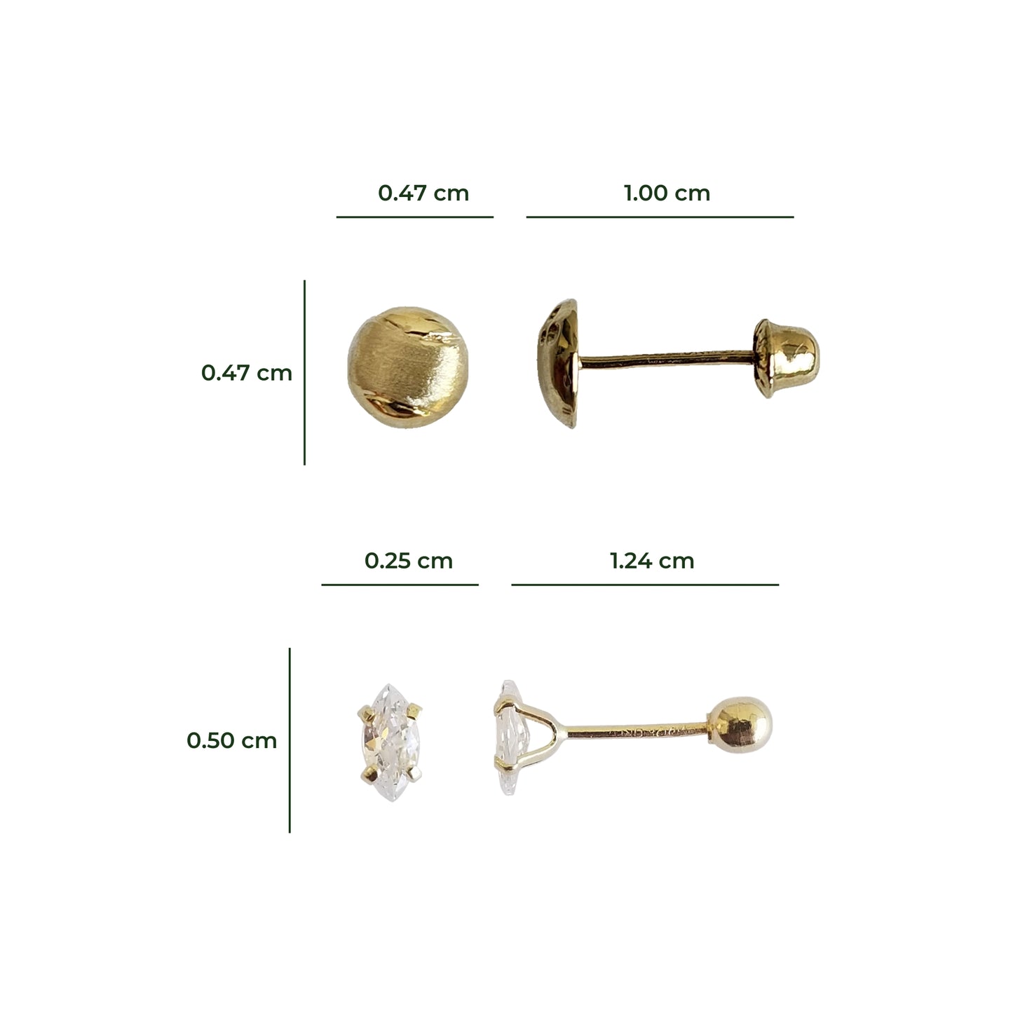 Set de Aretes de Oro 10K – Incluye Par Asimétrico de Tenis con Pelota y Par Simétrico de Zirconias