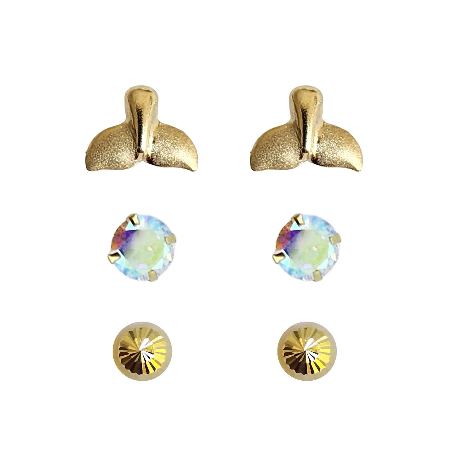 Set de Aretes Temática Sirena y Mar Tipo Broquel Oro 10K