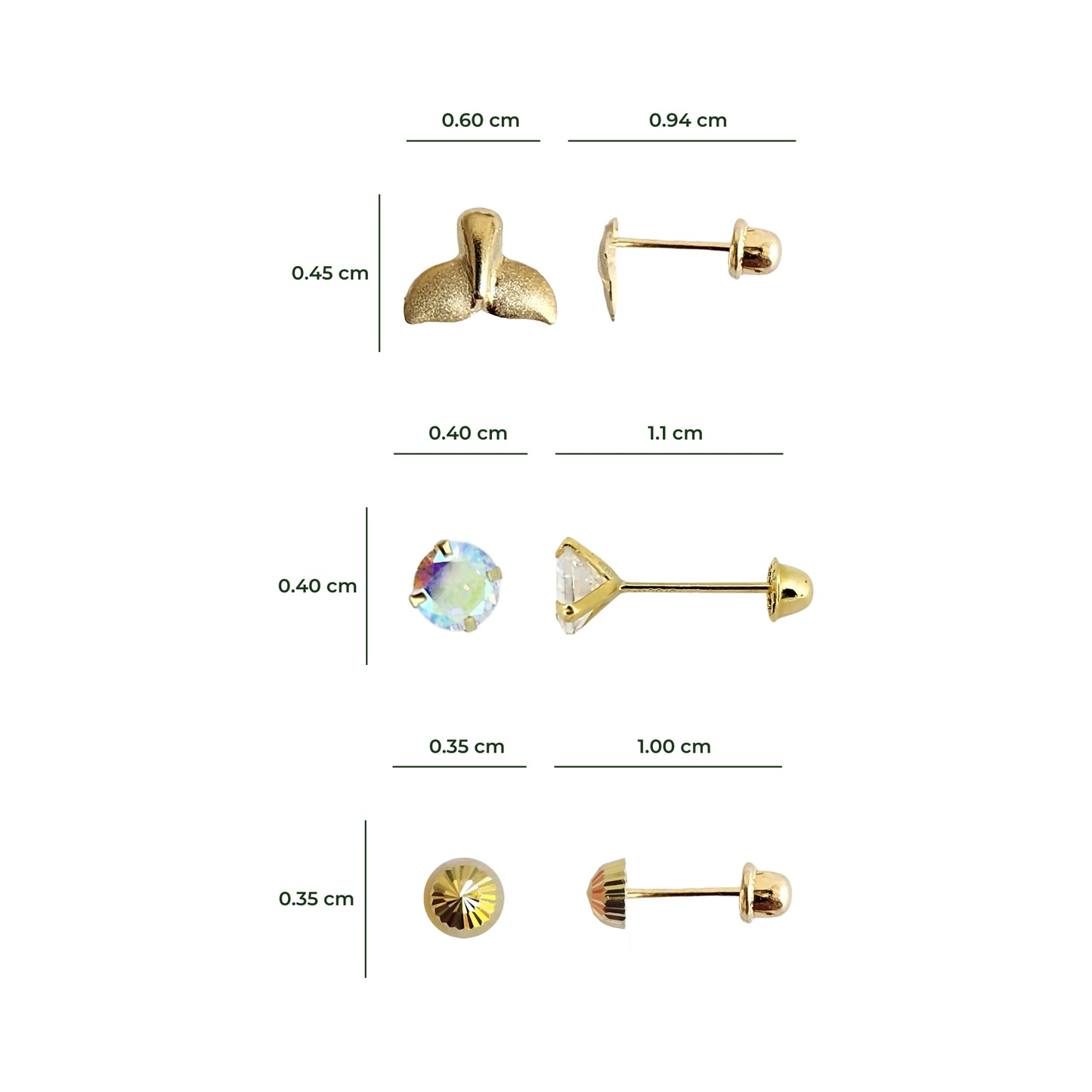 Set de Aretes Temática Sirena y Mar Tipo Broquel Oro 10K
