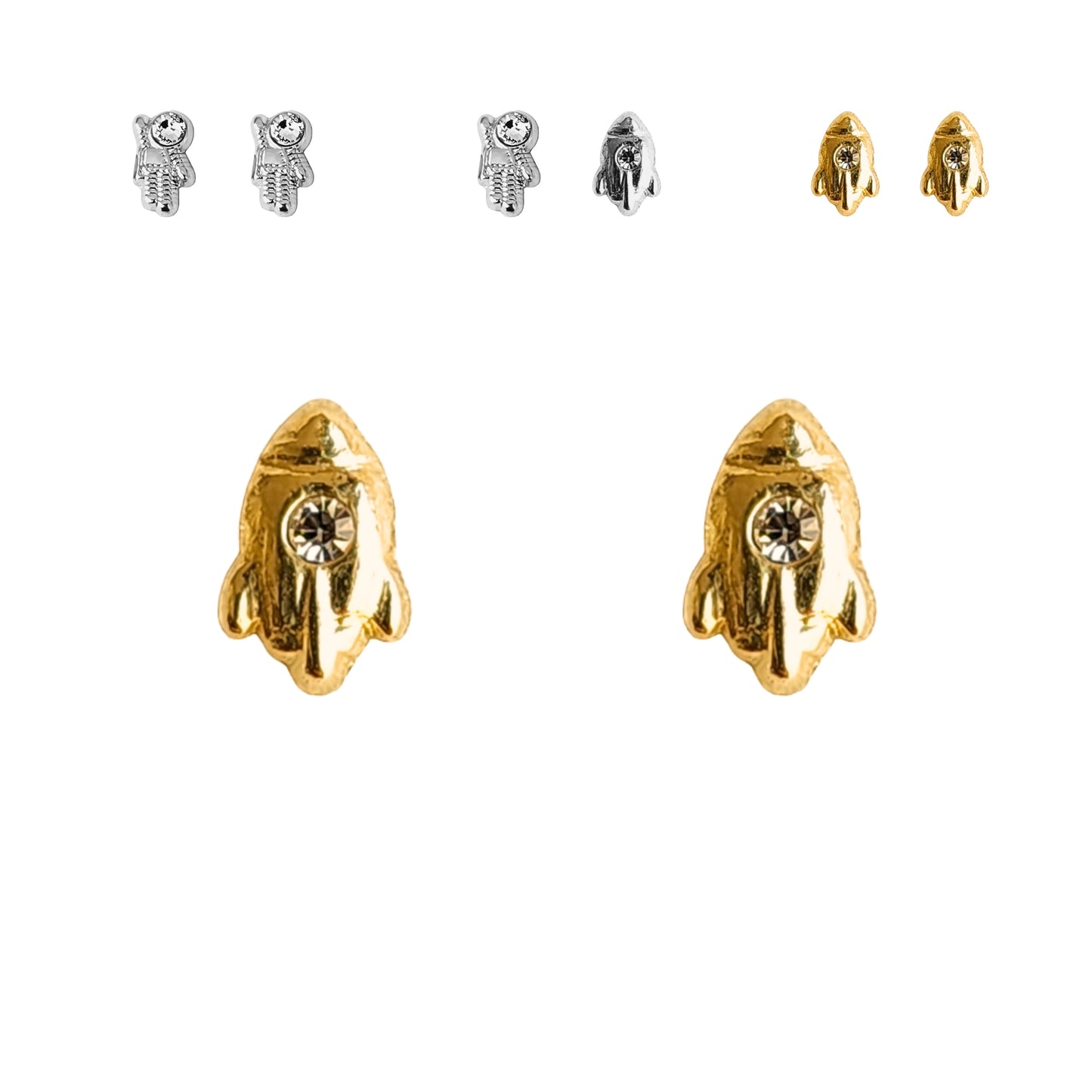 Aretes Astronauta y Cohete Oro 10k Con Zirconia, Tipo Broquel