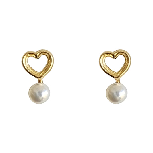 Aretes Corazón Silueta y Perla Mini, Oro 10K Tipo Broquel