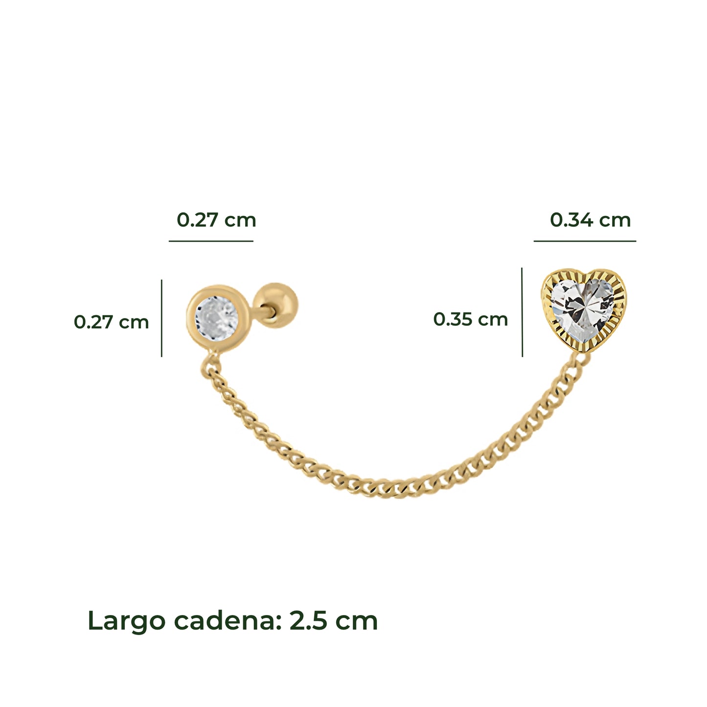 Aretes Oro 10K Broquel Cadena Corazón Diamantado 3 mm Bisel