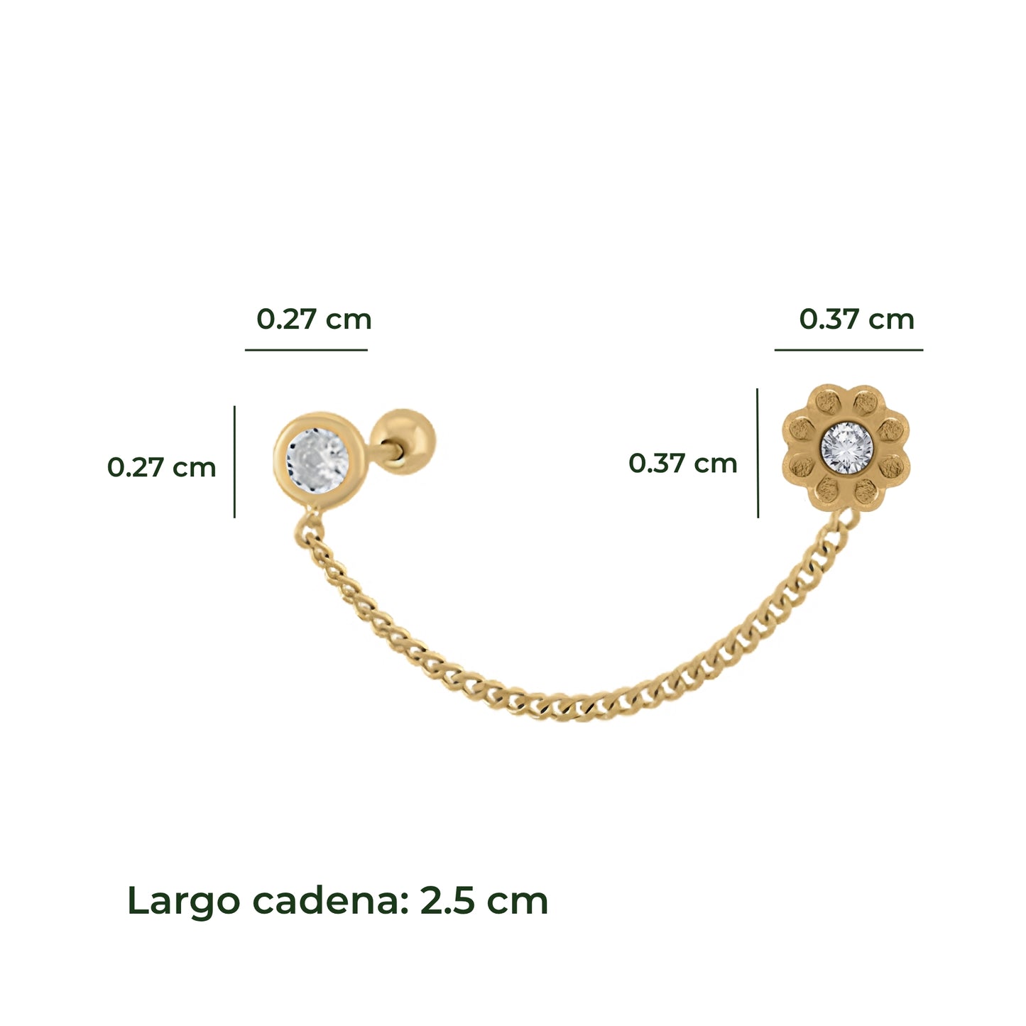 Aretes Oro 10K Broquel Cadena Flor y Bisel
