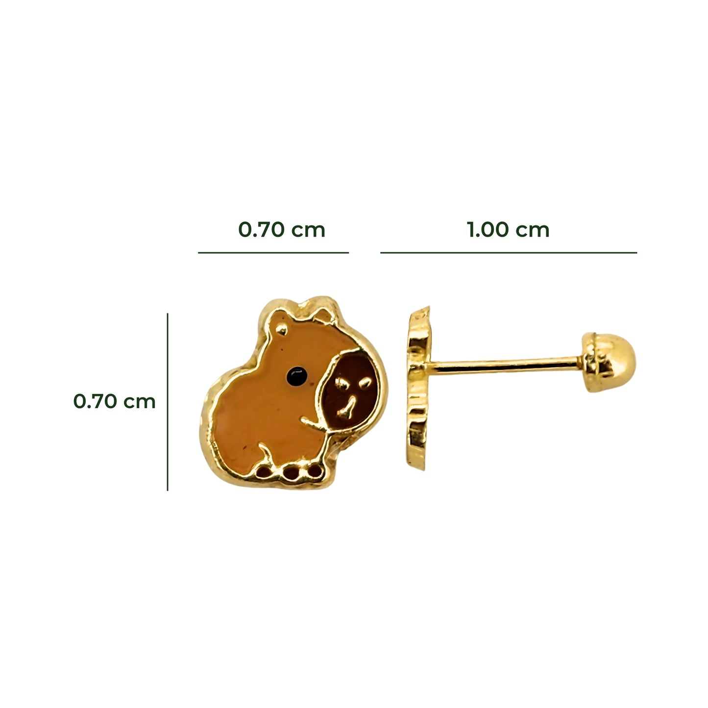 Aretes Capibara Esmaltado, Oro 10K Tipo Broquel